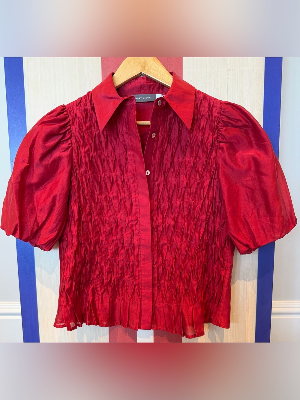 Mint Velvet Romantic Red Puff Sleeve Button-Front Blouse